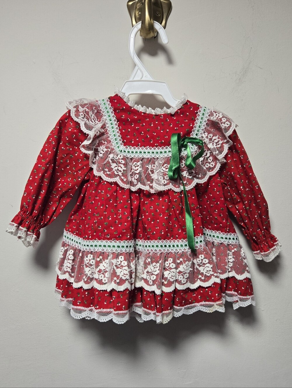 Vintage Girls Red White Lace Dress Size 3-6 Months Christmas 80s 90s Retro Bryan